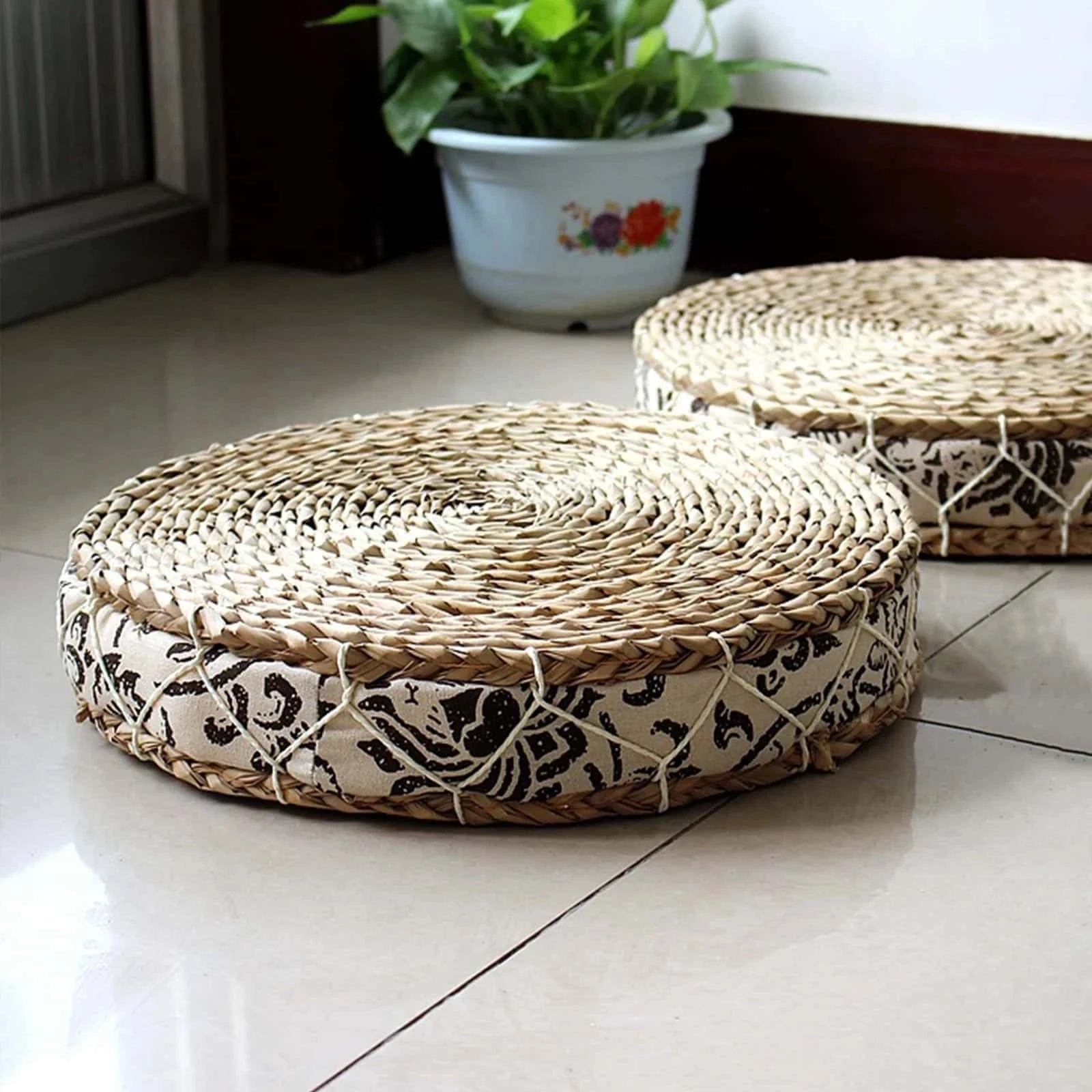 Pouf en Osier avec Motifs Floraux | PAZIA
