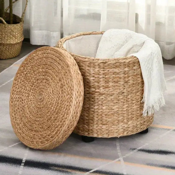 Tabouret avec Rangement en Osier Kaki | FUB