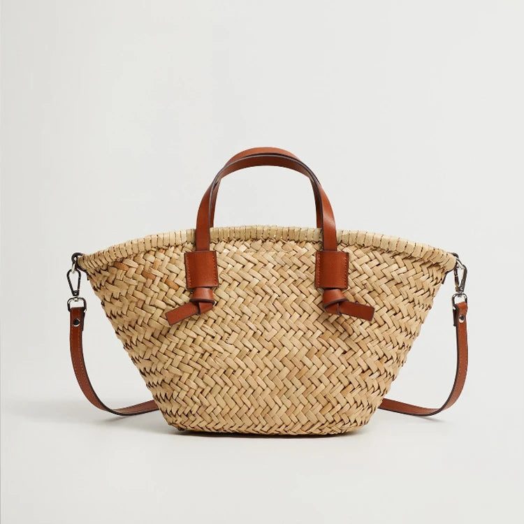 Sac en Osier Naturel avec Anses en Cuir | Cabas Bohème Chic